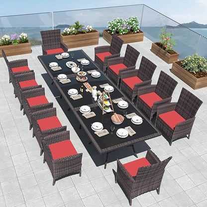 Kurapika 15-Piece Patio Furniture Outdoor Dining Set, Wicker Rattan Table and Chairs, Square Tempered Glass Tabletop With Umbrella Hole, 12 Chairs, Red