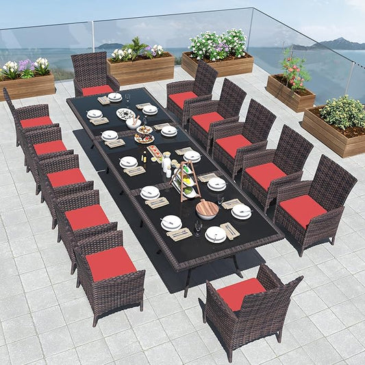 Kurapika 15-Piece Patio Furniture Outdoor Dining Set, Wicker Rattan Table and Chairs, Square Tempered Glass Tabletop With Umbrella Hole, 12 Chairs, Red
