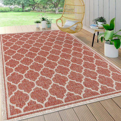 Eyely BMS109C-5 Santa Monica Trebol Moroccan Trellis Textured Weave Indoor/Outdoor Area Rug Coastal;Bohemian, Bedroom, Backyard, Patio, Easy-Cleaning, Non-Shedding, 5 X 8, Red/Beige