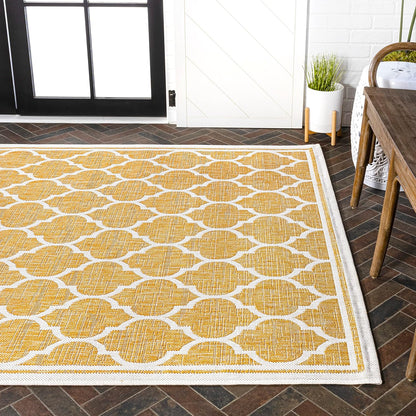 Eyely BMS109F-5 Santa Monica Trebol Moroccan Trellis Textured Weave Indoor/Outdoor Area Rug Coastal;Bohemian, Bedroom, Backyard, Patio, Easy-Cleaning, Non-Shedding, 5 X 8, Yellow/Cream
