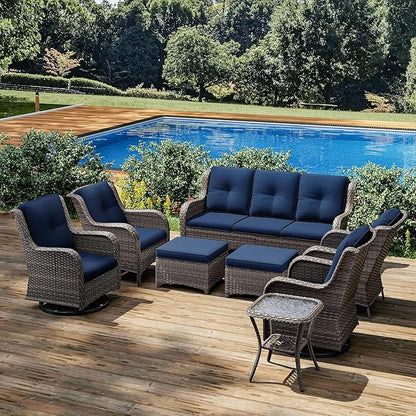 Joyside Wicker Patio Furniture Sets 8 Piece Set with 3-Seat Sofa, 2 Swivel Rocking Armchairs, 2 Armchairs, 2 Ottoman and 1 Side Table Wicker Outdoor Furniture Sectional Conversation Set, Blue