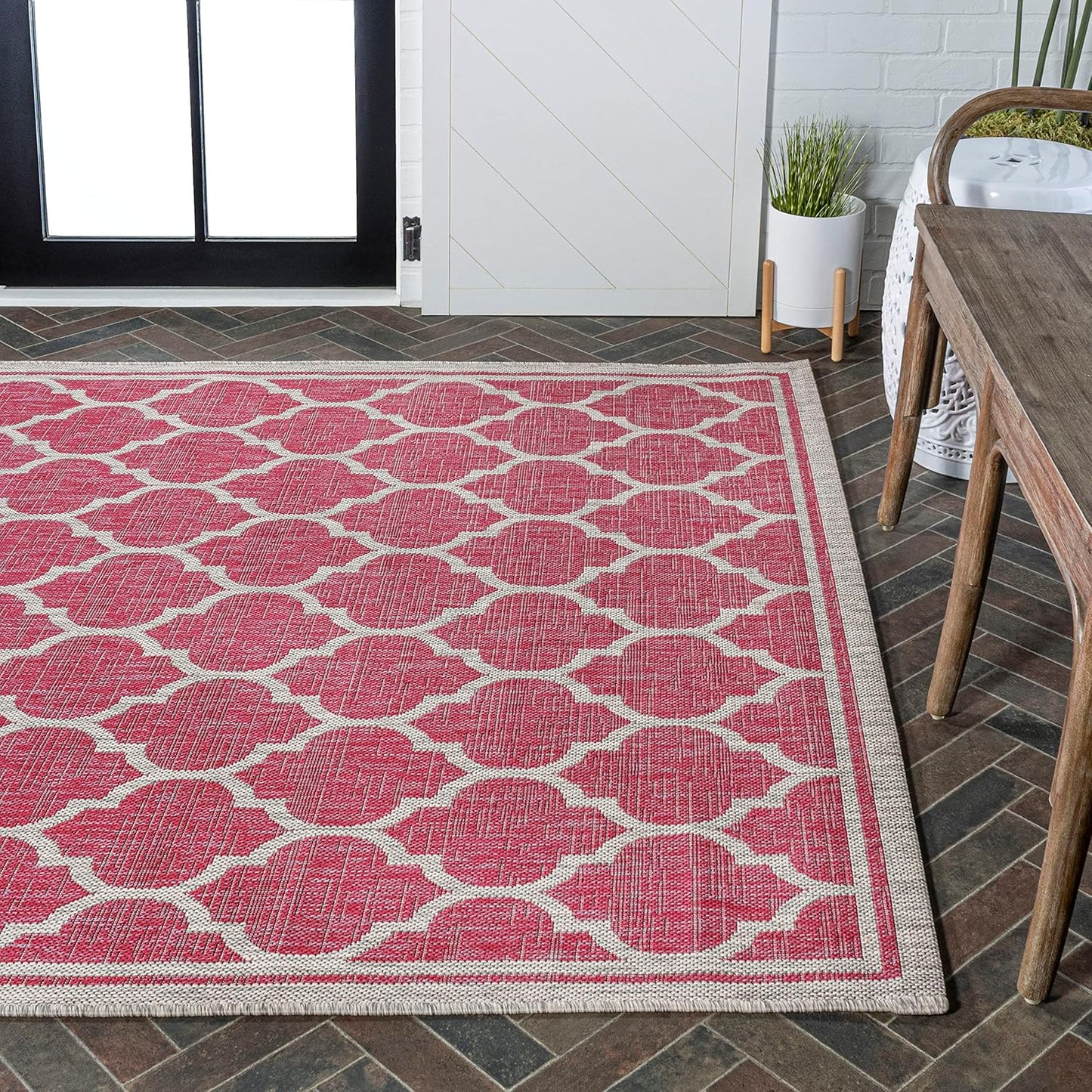 Eyely BMS109H-4 Santa Monica Trebol Moroccan Trellis Textured Weave Indoor/Outdoor Area Rug Coastal;Bohemian, Bedroom, Backyard, Patio, Easy-Cleaning, Non-Shedding, 4 X 6, Fuchsia/Light Gray