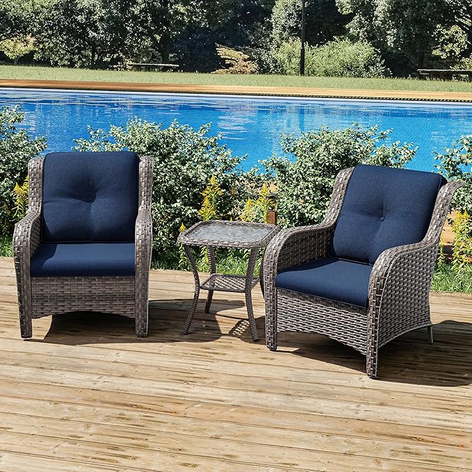 Joyside Patio Bistro Set Wicker Chairs - 3 Piece Outdoor Rattan Conversation Set with 2 Armrest Chair and 1 Side Table for Proch Deck Garden Backyard Balcony(Mixed Grey/Blue)