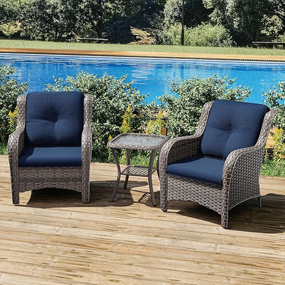 Joyside Patio Bistro Set Wicker Chairs - 3 Piece Outdoor Rattan Conversation Set with 2 Armrest Chair and 1 Side Table for Proch Deck Garden Backyard Balcony(Mixed Grey/Blue)