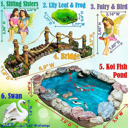 Mood Lab Fairy Garden Fish Pond Kit - Miniature Bridge Set of 6 pcs Fairy Garden Figurines & Accessories - Outdoor or House Decor