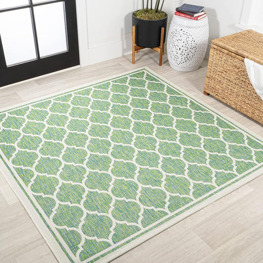 Eyely BMS109I-5SQ Santa Monica Trebol Moroccan Trellis Textured Weave Indoor/Outdoor Area Rug Coastal;Bohemian, Bedroom, Backyard, Patio, Easy-Cleaning, Non-Shedding, 5' Square, Cream/Green