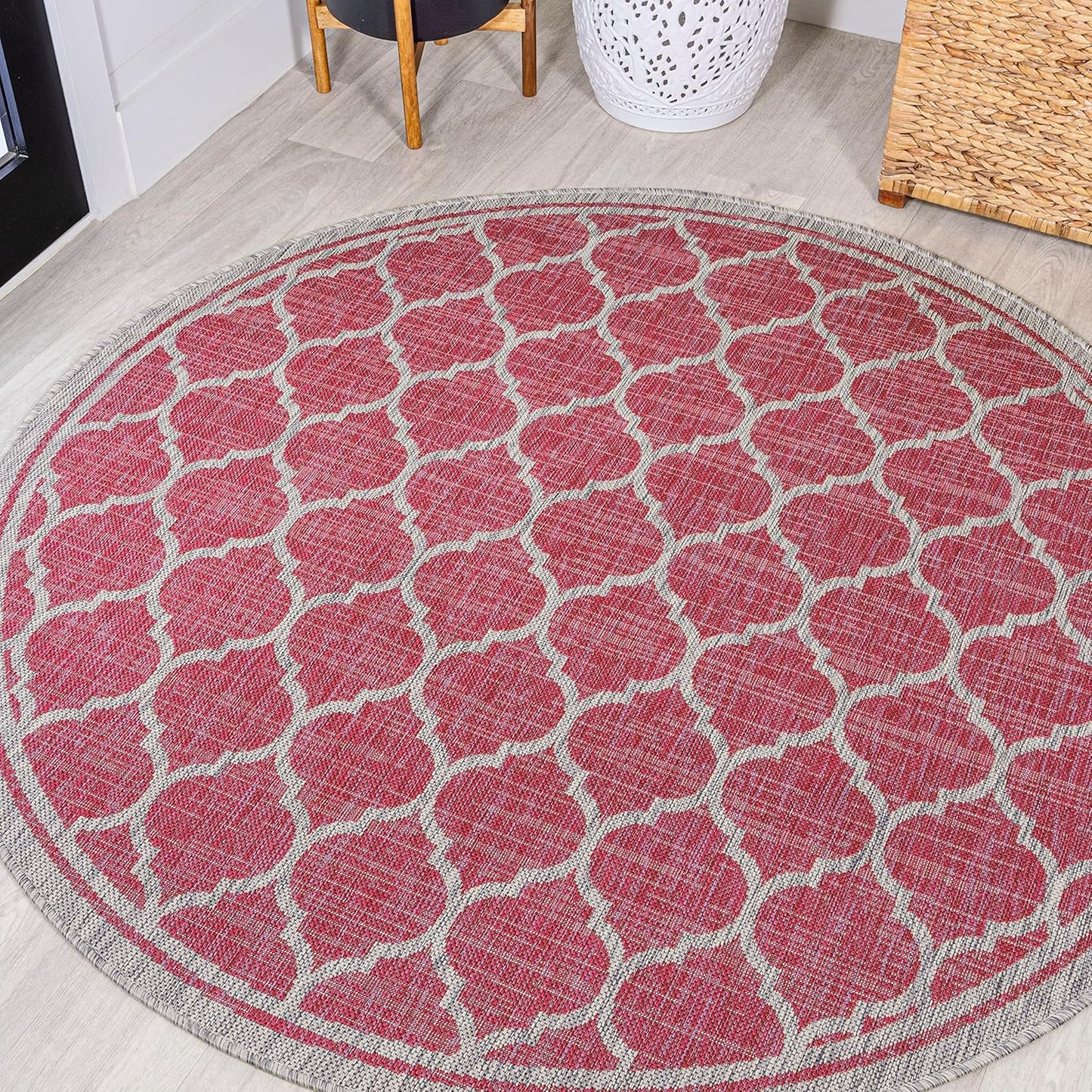 Eyely BMS109H-5R Santa Monica Trebol Moroccan Trellis Textured Weave Indoor/Outdoor Area Rug Coastal;Bohemian, Bedroom, Backyard, Patio, Easy-Cleaning, Non-Shedding, 5' Round, Fuchsia/Light Gray