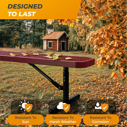 Heavy-Duty Outdoor Metal Bench, Thermoplastic-Coated, Portable, Weatherproof, Commercial-Grade for Parks, Gardens, Patios, Stores & More (8 Ft - Portable, Red)