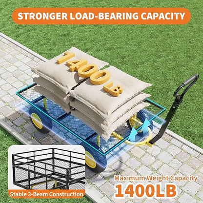 3-in-1 Heavy-Duty Steel Garden Cart, 1400 Lbs Garden Wagon, with 13 Inch All-Terrain Tires and Removable Mesh Side Panels, 180° Rotating Handle, Metal Multi-Function Carts, Outdoor Gardens Wagon Cart