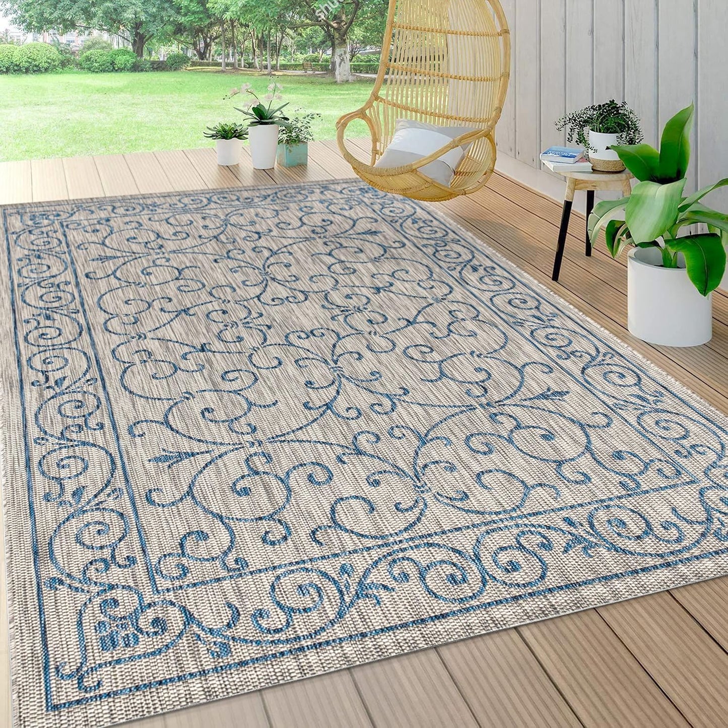 JONATHAN Y SMB106C-8 Charleston Vintage Filigree Textured Weave Indoor/Outdoor Gray/Navy 8 ft. x 10 ft. Area Rug, Classic,Easy Cleaning,HighTraffic,LivingRoom,Backyard, Non Shedding