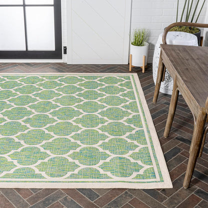 Eyely BMS109I-9 Santa Monica Trebol Moroccan Trellis Textured Weave Indoor/Outdoor Area Rug Coastal;Bohemian, Bedroom, Backyard, Patio, Easy-Cleaning, Non-Shedding, 9 X 12, Cream/Green