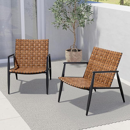 Grand patio Chairs Set of 2 Leather- Look Wicker Outdoor Chairs with Powder Coated Aluminum Frame Outdoor Bistro Set for Garden Backyard Balcony Brown