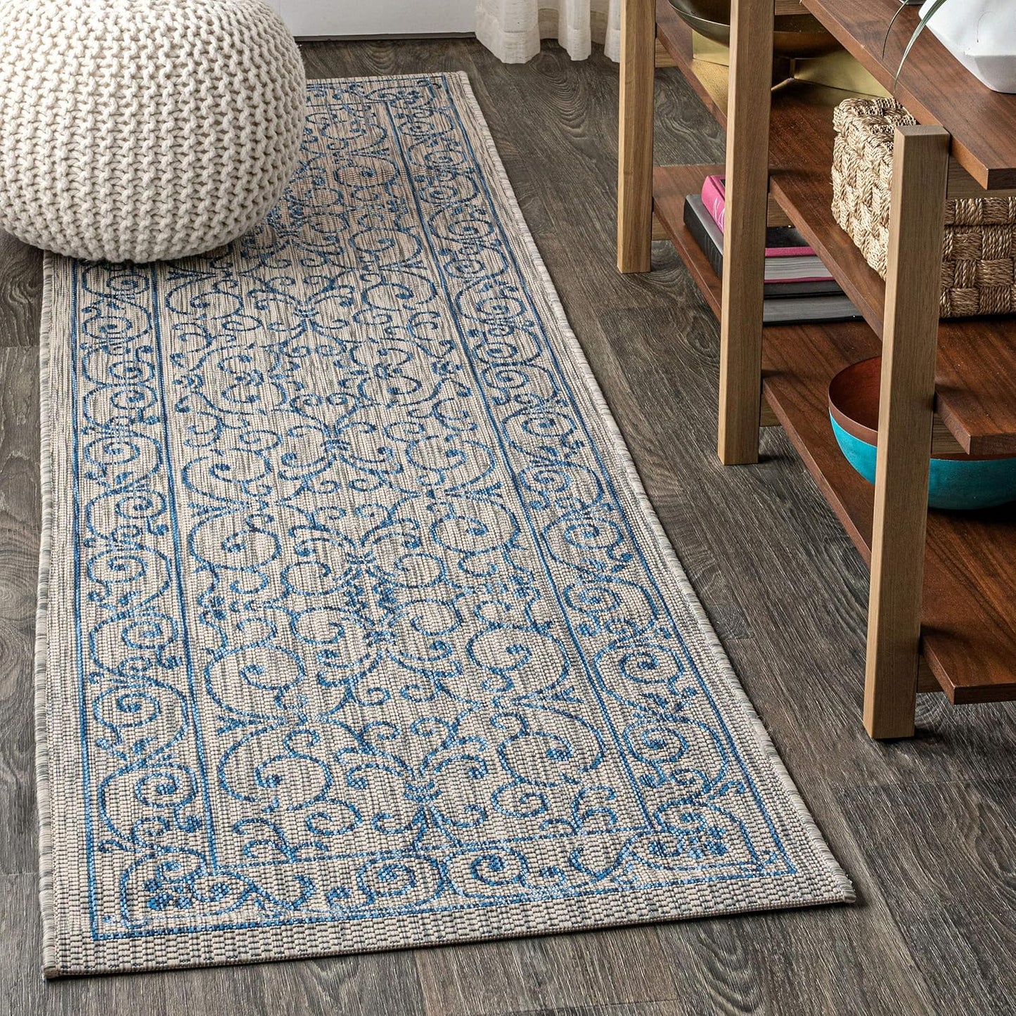 JONATHAN Y SMB106C-210 Charleston Vintage Filigree Textured Weave Indoor Outdoor Runner Rug Classic Coastal Easy-Cleaning Bedroom Kitchen Backyard Patio Non Shedding, 2 X 10, Gray/Navy
