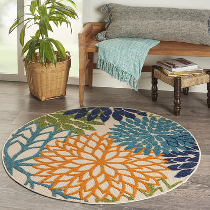 Nourison Home Aloha Indoor/Outdoor Multicolor 4' x Round Area Rug, Tropical, Botanical, Easy Cleaning, Non Shedding, Bed Room, Living Room, Dining Room, Deck, Backyard, Patio (4 Round)