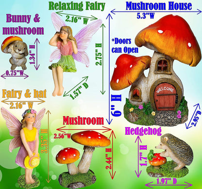 Mood Lab Fairy Garden - Mushroom House Set of 6 pcs - Miniature Figurines & Accessories Kit - for Outdoor or House Decor