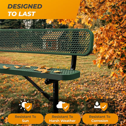 Heavy-Duty Outdoor Metal Bench, Thermoplastic-Coated, Surface, Weatherproof, Commercial-Grade for Parks, Gardens, Patios, Stores & More (8 Ft - Surface with Back, Green)