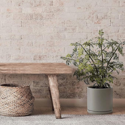 D'vine Dev 10 Inch Ceramic Planter Pot with Drainage Hole and Saucer, Indoor Cylinder Round Planter Pot, Grey, 94-O-E-3