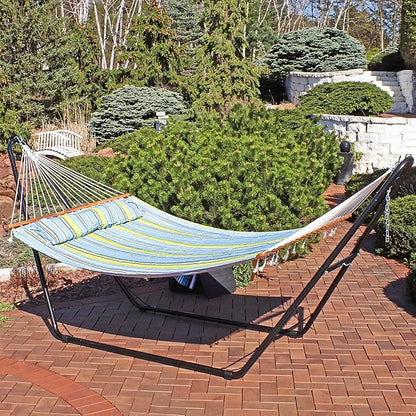 Sunnydaze Double Quilted Fabric Hammock with Universal Steel Stand - 450-Pound Capacity - Black Stand - Blue and Green