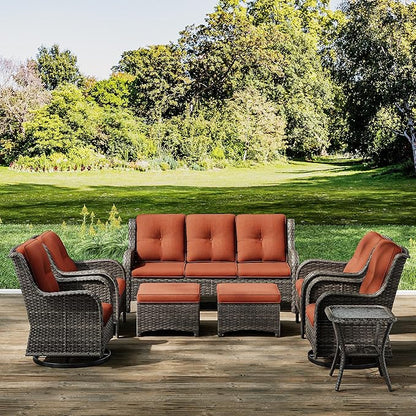 Joyside Wicker Patio Furniture Sets 8 Piece Set with 3-Seat Sofa, 2 Swivel Rocking Armchairs, 2 Armchairs, 2 Ottoman and 1 Side Table Wicker Outdoor Conversation Set(Brown Mixed Gray/Orange)