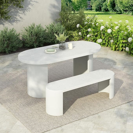 Christopher Knight Home Zigg Durable Concrete Outdoor Dining Set with Stylish Terrazzo Finish, Patio Dining Table with Bench, Oval Outdoor Patio Furniture Set with Pedestal Base, White