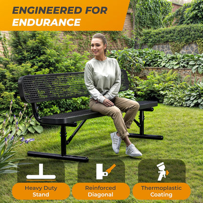 Heavy-Duty Outdoor Metal Bench, Thermoplastic-Coated, Portable, Weatherproof, Commercial-Grade for Parks, Gardens, Patios, Stores & More (6 Ft - Portable with Back, Black)