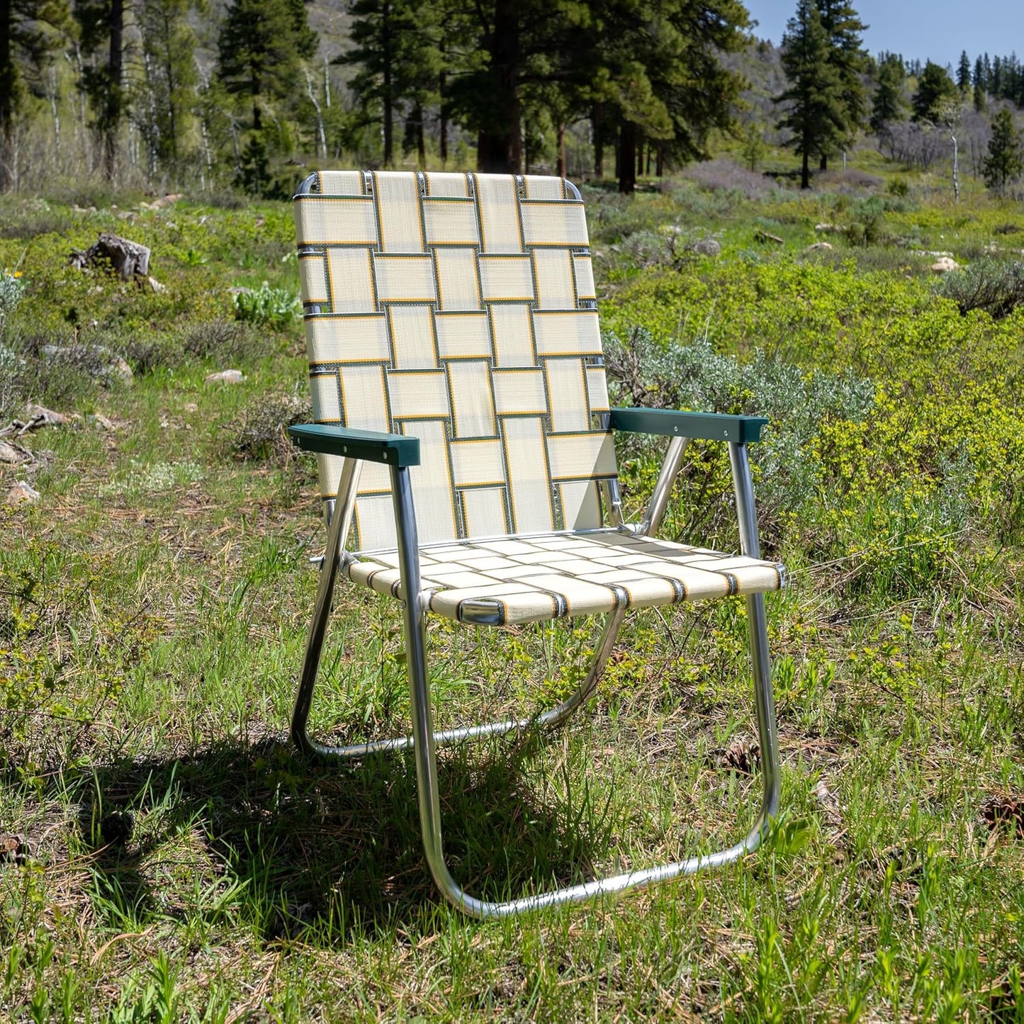 Lawn Chair USA Folding Aluminum Outdoor Patio Lawn Chair | Heavy-Duty Webbed Chairs for Camping, Sports, Beach, Yard & Tailgating | Lightweight Portable | Classic - Charleston Tan with Green Arms