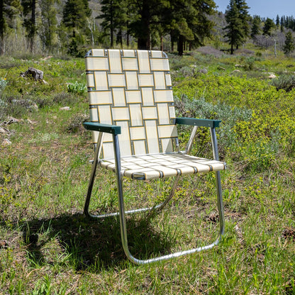 Lawn Chair USA Folding Aluminum Outdoor Patio Lawn Chair | Heavy-Duty Webbed Chairs for Camping, Sports, Beach, Yard & Tailgating | Lightweight Portable | Classic - Charleston Tan with Green Arms