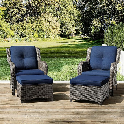 Joyside 4 Pieces Outdoor Patio Furniture Set Wicker Conversation Bistro Set 2 PE Wicker Patio with 2pcs Ottomans for Backyard, Porch, Balcony(Mixed Grey/Blue)