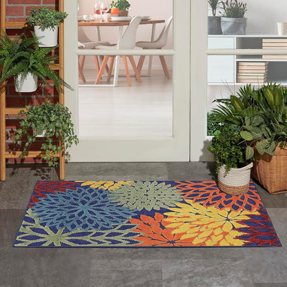 Nourison Home Aloha Indoor-Outdoor Navy Multicolor 2'8" x 4' Area Rug, Easy Cleaning, Non Shedding, Bed Room, Living Room, Dining Room, Backyard, Deck, Patio (3x4)