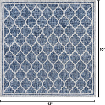 Eyely BMS109D-5SQ Santa Monica Trebol Moroccan Trellis Textured Weave Indoor/Outdoor Area Rug Coastal;Bohemian, Bedroom, Backyard, Patio, Easy-Cleaning, Non-Shedding, 5' Square, Navy/Gray