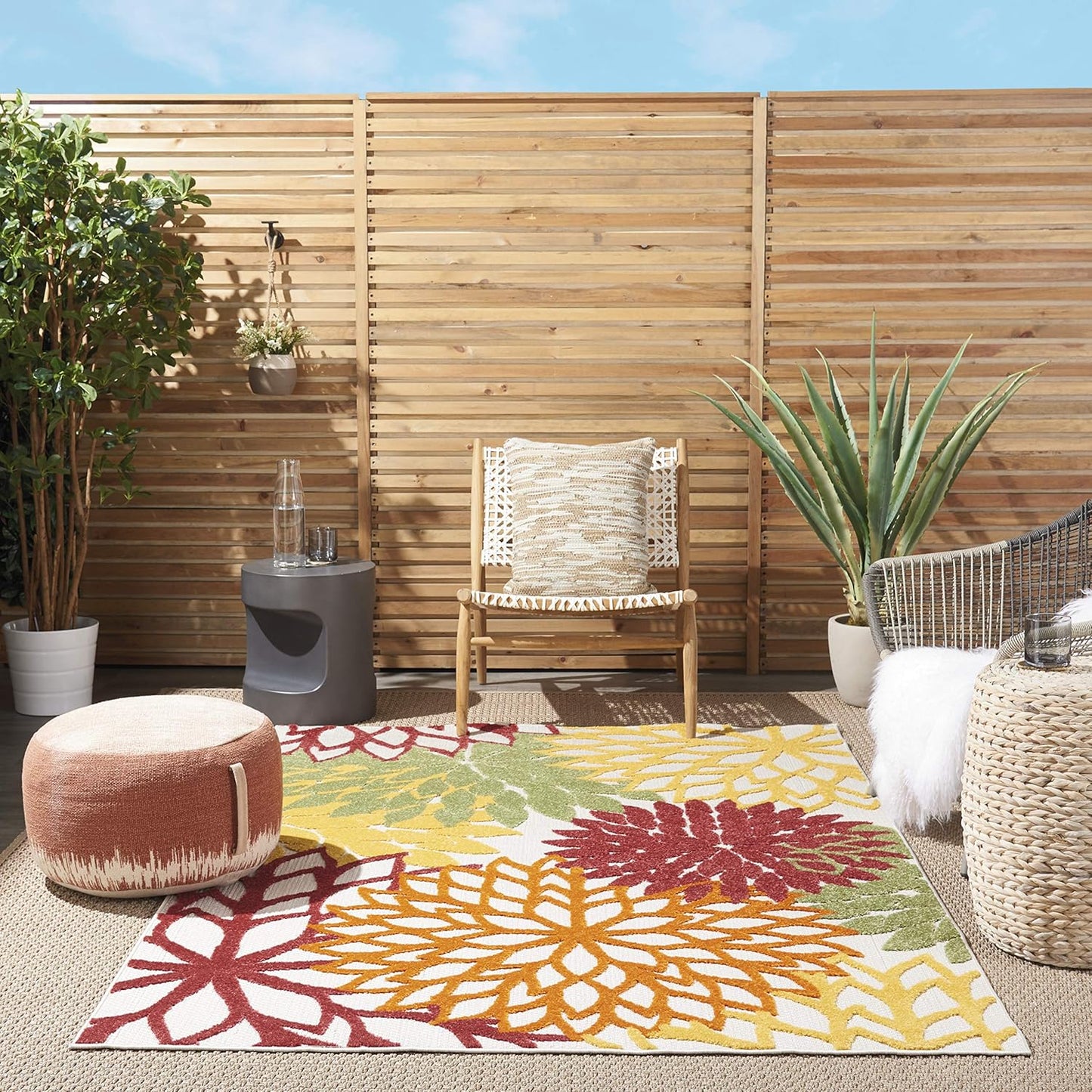 Nourison Aloha Indoor/Outdoor Red Multi Colored 3'6" x 5'6" Area Rug, Tropical, Botanical, Easy Cleaning, Non Shedding, Bed Room, Living Room, Dining Room, Deck, Backyard, Patio (3x5)