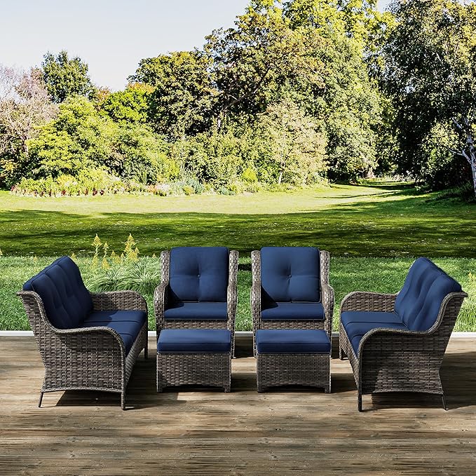 Joyside Patio Furniture Set 6 Pieces - Outdoor Rattan Furniture Set with 2 Armchairs, 2 Couch and 2 Ottomans, Olefin Cushions Included(Mixed Grey/Blue)