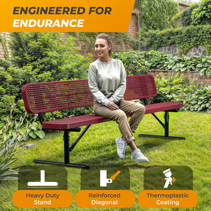 Heavy-Duty Outdoor Metal Bench, Thermoplastic-Coated, Portable, Weatherproof, Commercial-Grade for Parks, Gardens, Patios, Stores & More (8 Ft - Portable with Back, Red)