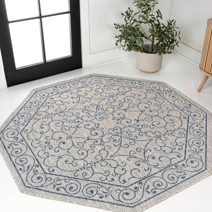 JONATHAN Y SMB106C-5TGN Charleston Vintage Filigree Textured Weave Gray/Navy 5' Octagon Indoor/Outdoor Area Rug, Non-Shedding, Stain Resistant,Fade Resistant, Easy-Cleaning for Backyard Patio, Porch
