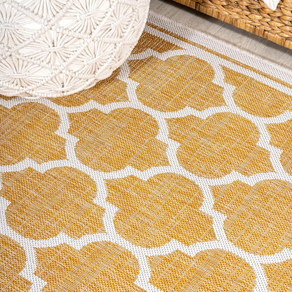 Eyely BMS109F-210 Santa Monica Trebol Moroccan Trellis Textured Weave Indoor/Outdoor Runner Rug Coastal;Bohemian, Bedroom, Backyard, Patio, Easy-Cleaning, Non-Shedding, 2 X 10, Yellow/Cream