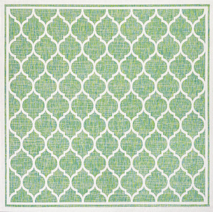 Eyely BMS109I-5SQ Santa Monica Trebol Moroccan Trellis Textured Weave Indoor/Outdoor Area Rug Coastal;Bohemian, Bedroom, Backyard, Patio, Easy-Cleaning, Non-Shedding, 5' Square, Cream/Green