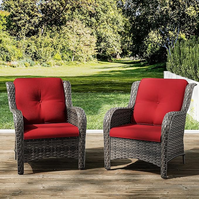 Joyside Outdoor Wicker Chair Rattan Patio Dining Chairs Set of 2 PE Wicker Patio Chairs with 4inch Seat Cushions Outdoor Patio Seating Chair for Garden, Backyard Swimming Pool, Balcony(Mixed Grey/Red)