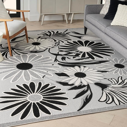 Nourison Home Aloha Indoor/Outdoor Black White 5'3" x 7'5" Area Rug, Easy Cleaning, Non Shedding, Bed Room, Living Room, Dining Room, Kitchen (5x7)