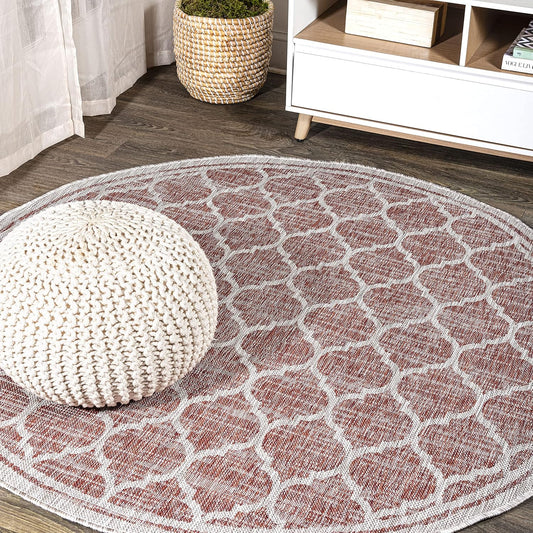 Eyely BMS109C-4R Santa Monica Trebol Moroccan Trellis Textured Weave, Pet Friendly, Non-Shedding, Stain Resistant, Easy-Cleaning, Red/Beige, 4' Round, Indoor/Outdoor, Area Rug