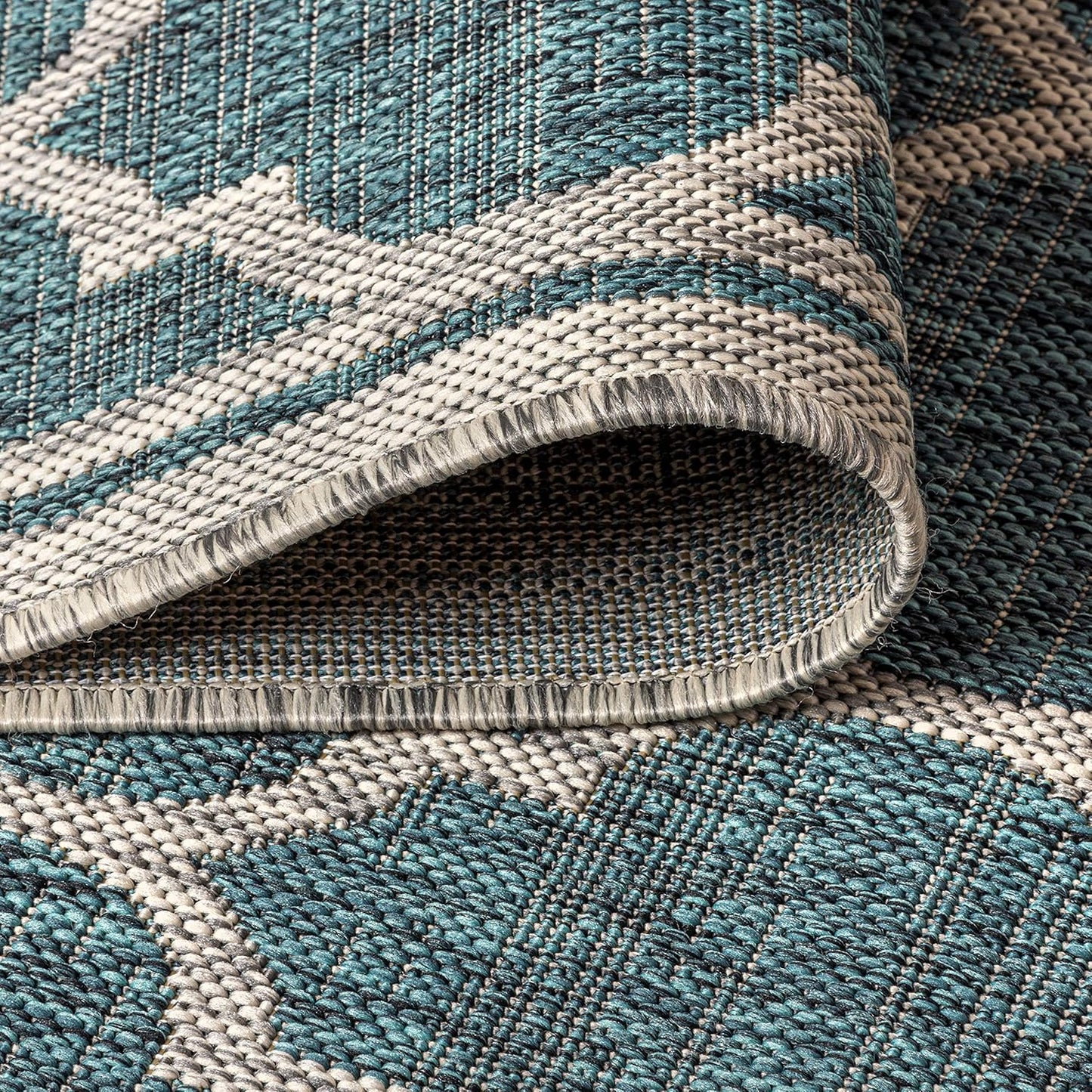 Eyely BMS109E-210 Santa Monica Trebol Moroccan Trellis Textured Weave Indoor/Outdoor Runner Rug Coastal;Bohemian, Bedroom, Backyard, Patio, Easy-Cleaning, Non-Shedding, 2 X 10, Teal/Gray