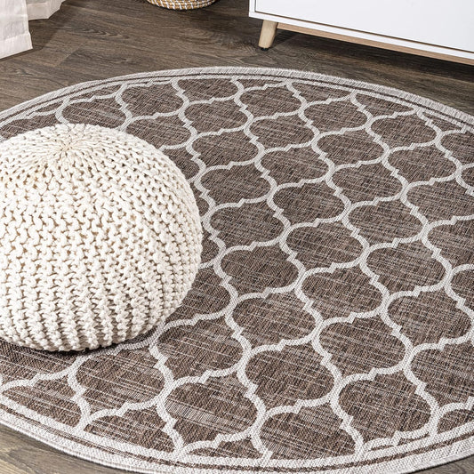 Eyely BMS109B-3R Santa Monica Trebol Moroccan Trellis Textured Weave, Pet Friendly, Non-Shedding, Stain Resistant, Easy-Cleaning, Espresso/Taupe, 3' Round, Indoor/Outdoor, Area Rug