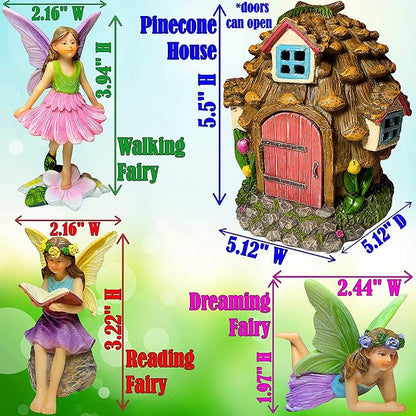 Mood Lab Fairy Garden - Pinecone Fairy House Kit of 4 pcs - Miniature Figurines & Accessories Set - Outdoor or House Decor