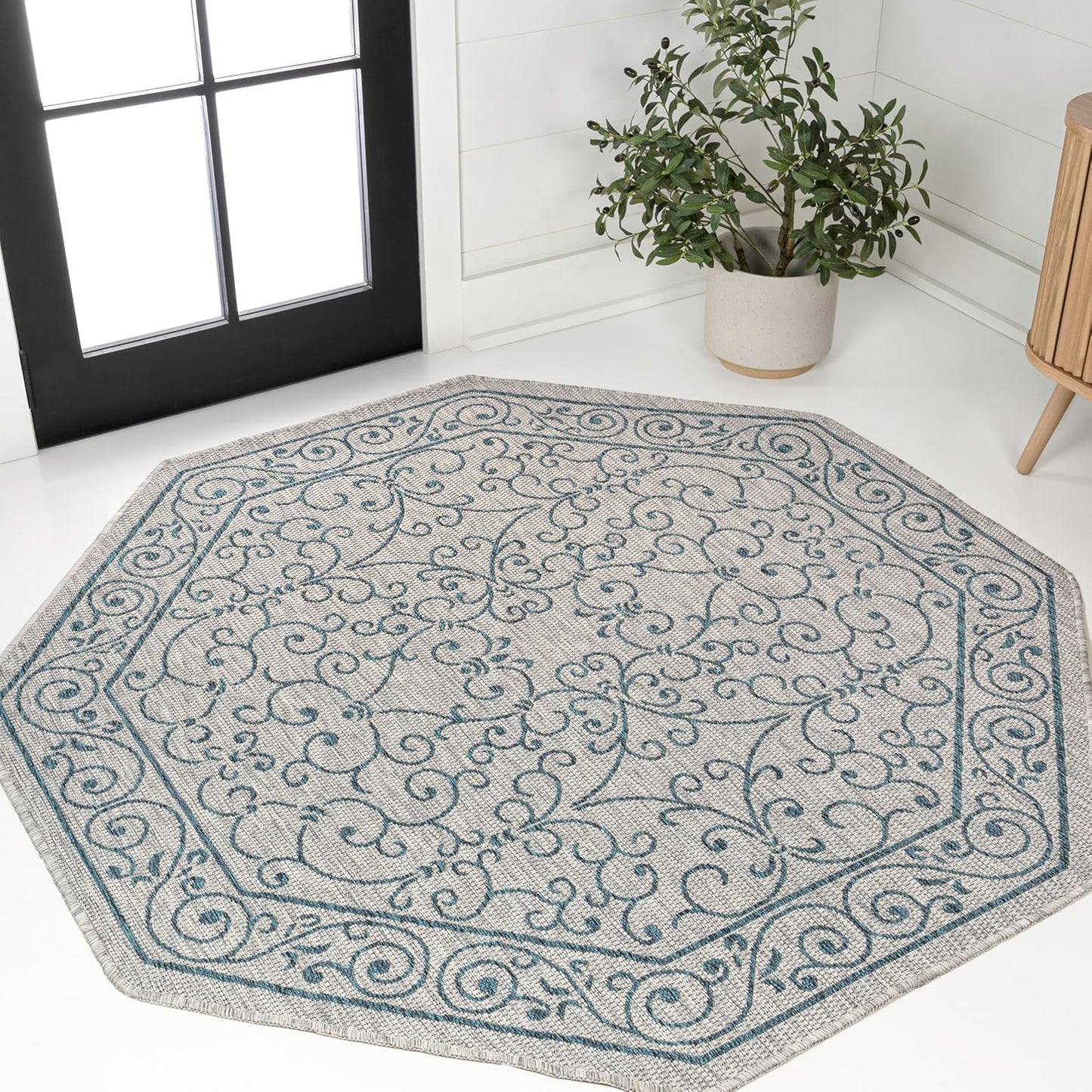 JONATHAN Y SMB106E-5TGN Charleston Vintage Filigree Textured Weave Gray/Teal 5' Octagon Indoor/Outdoor Area Rug, Non-Shedding, Stain Resistant,Fade Resistant, Easy-Cleaning for Backyard Patio, Porch
