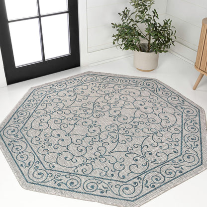 JONATHAN Y SMB106E-5TGN Charleston Vintage Filigree Textured Weave Gray/Teal 5' Octagon Indoor/Outdoor Area Rug, Non-Shedding, Stain Resistant,Fade Resistant, Easy-Cleaning for Backyard Patio, Porch