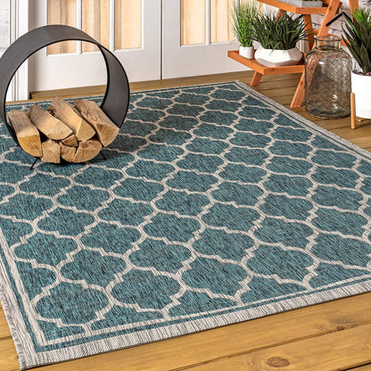 Eyely BMS109E-4 Santa Monica Trebol Moroccan Trellis Textured Weave Indoor/Outdoor Area Rug Coastal;Bohemian, Bedroom, Backyard, Patio, Easy-Cleaning, Non-Shedding, 4 X 6, Teal/Gray