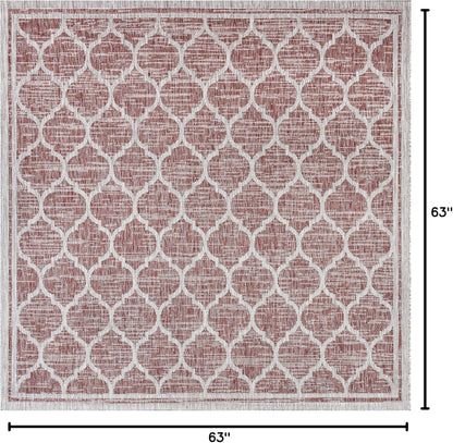 Eyely BMS109C-5SQ Santa Monica Trebol Moroccan Trellis Textured Weave Indoor/Outdoor Area Rug Coastal;Bohemian, Bedroom, Backyard, Patio, Easy-Cleaning, Non-Shedding, 5' Square, Red/Beige