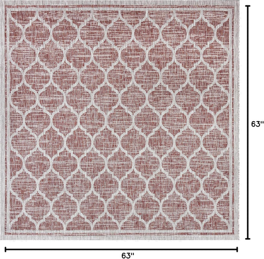 Eyely BMS109C-5SQ Santa Monica Trebol Moroccan Trellis Textured Weave Indoor/Outdoor Area Rug Coastal;Bohemian, Bedroom, Backyard, Patio, Easy-Cleaning, Non-Shedding, 5' Square, Red/Beige