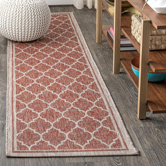 Eyely BMS109C-220 Santa Monica Trebol Moroccan Trellis Textured Weave, Pet Friendly, Non-Shedding, Stain Resistant, Easy-Cleaning, Red/Beige, 2 ft. x 20 ft., Indoor/Outdoor, Runner Rug