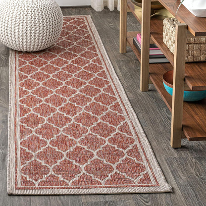 Eyely BMS109C-210 Santa Monica Trebol Moroccan Trellis Textured Weave Indoor/Outdoor Runner Rug Coastal;Bohemian, Bedroom, Backyard, Patio, Easy-Cleaning, Non-Shedding, 2 X 10, Red/Beige