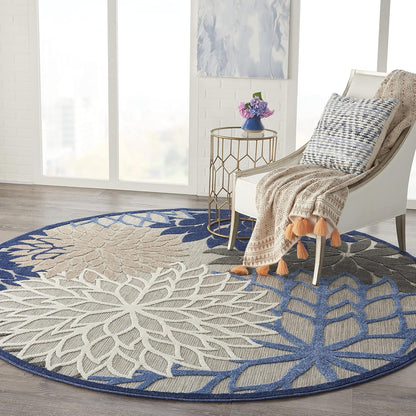 Nourison Aloha Indoor/Outdoor Blue/Multicolor 7'10" x Round Area Rug, Tropical, Botanical, Easy Cleaning, Non Shedding, Bed Room, Living Room, Dining Room, Deck, Backyard, Patio (8 Round)